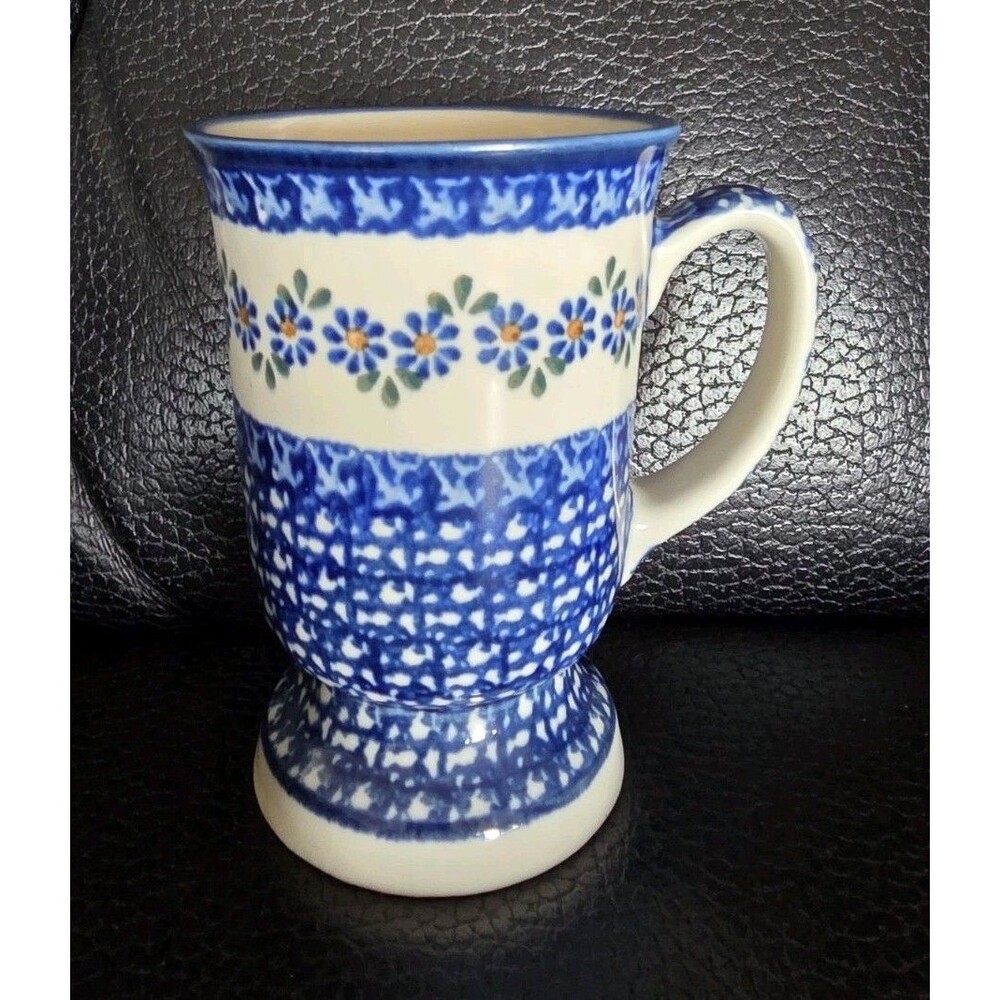 Polish Pottery Unikat Pedestal Mug Sage Green Blue Flower Pattern Floral 200